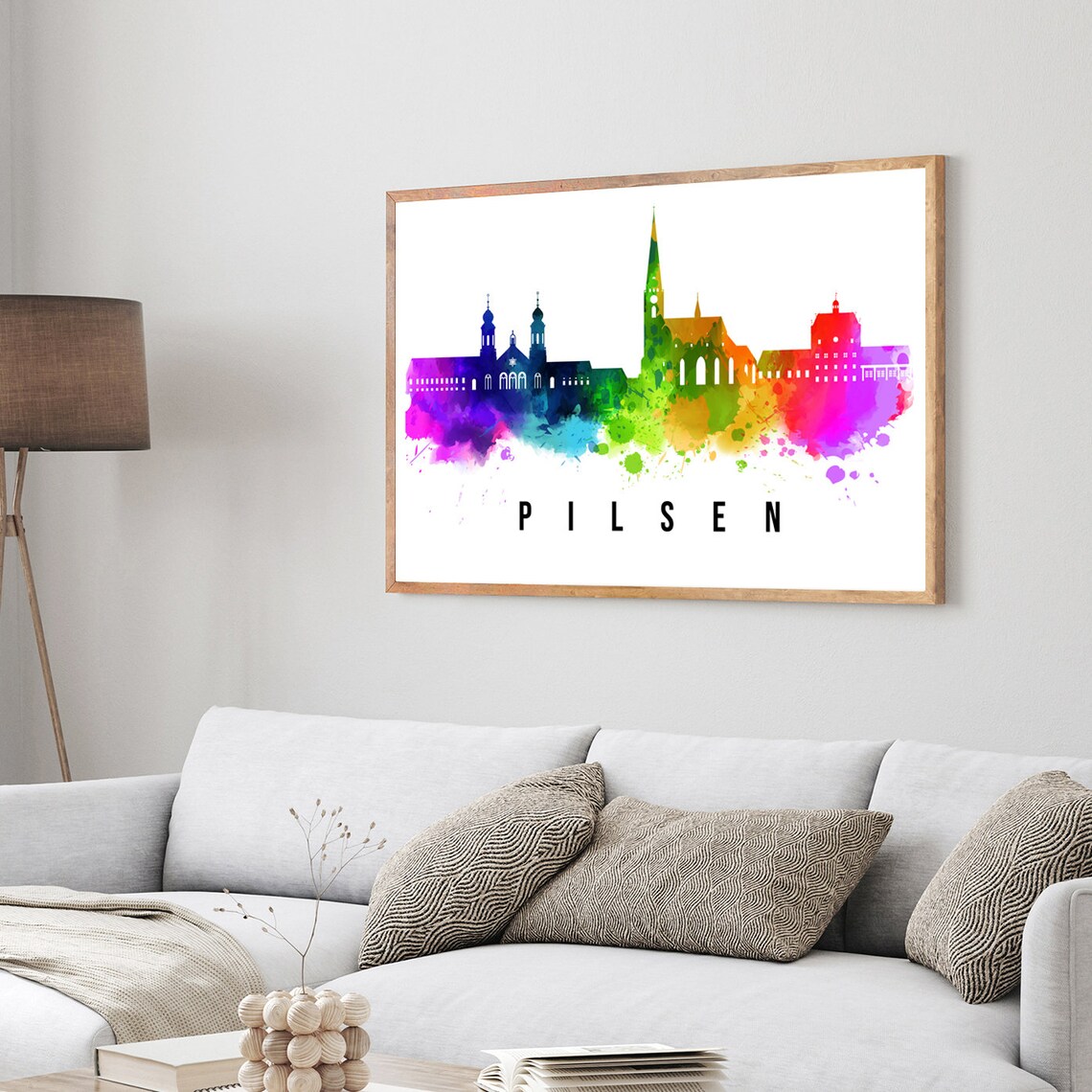 Pilsen Czech Republic Rainbow Watercolor Old Town Skyline Art Poster - Image 4
