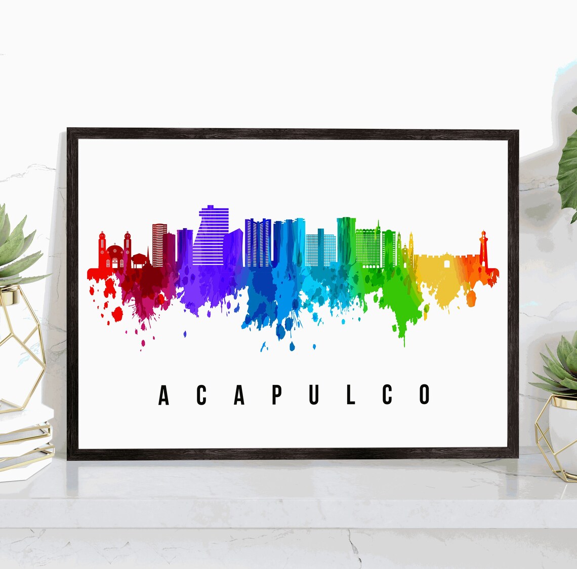 Acapulco Mexico Rainbow Watercolor Skyline Silhouette Travel Poster