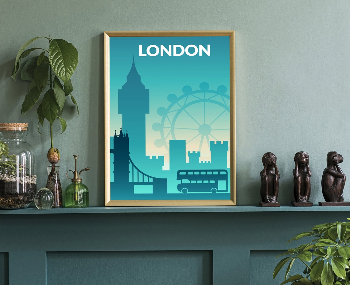 London England Teal Big Ben Skyline Silhouette Landmark Travel Poster - Image 3