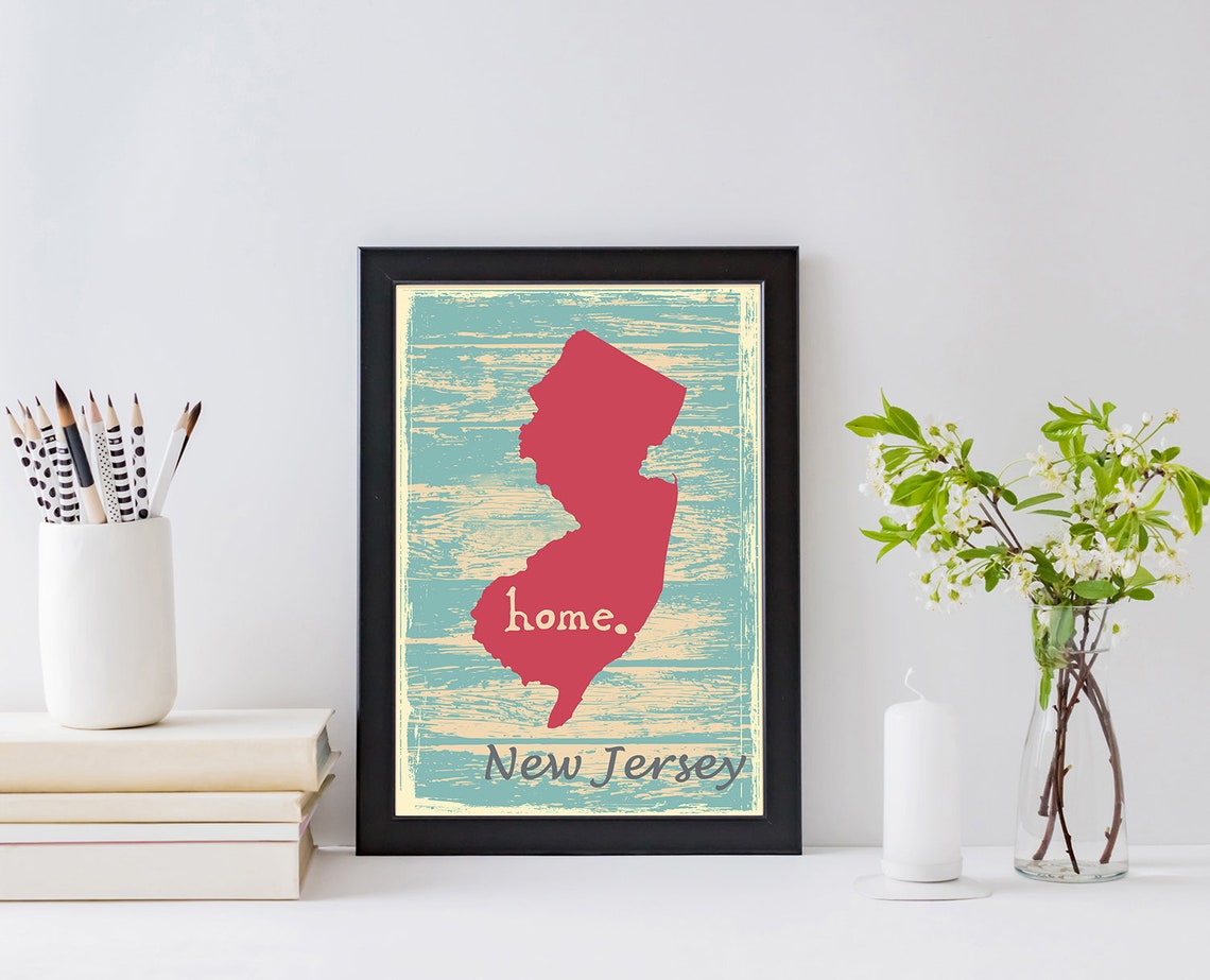 New Jersey Home State Silhouette Rustic Teal Coral Map Wall Poster - Image 2