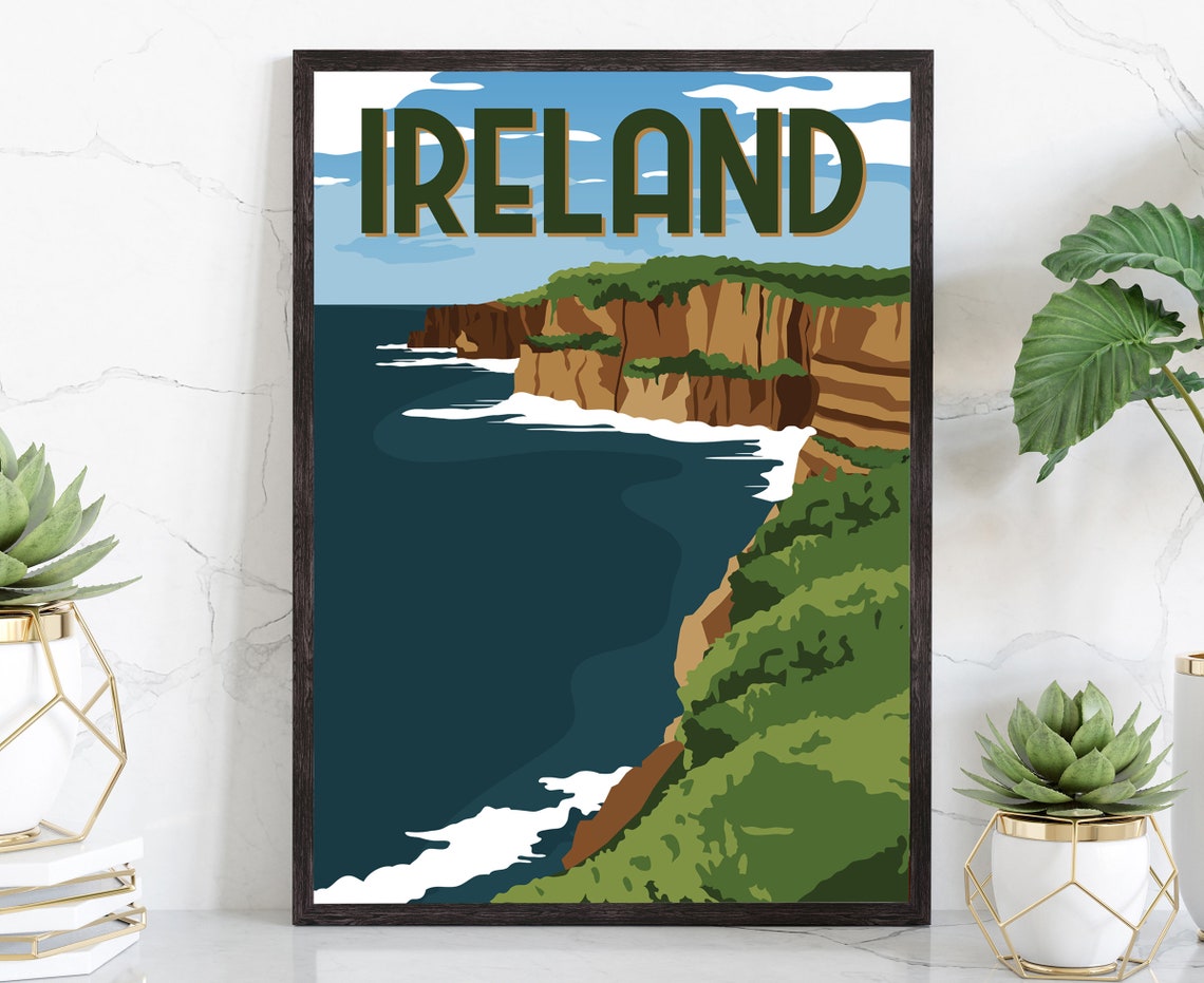 Ireland Retro Travel Poster Ocean Cliffs Coast Sunset Landscape Art