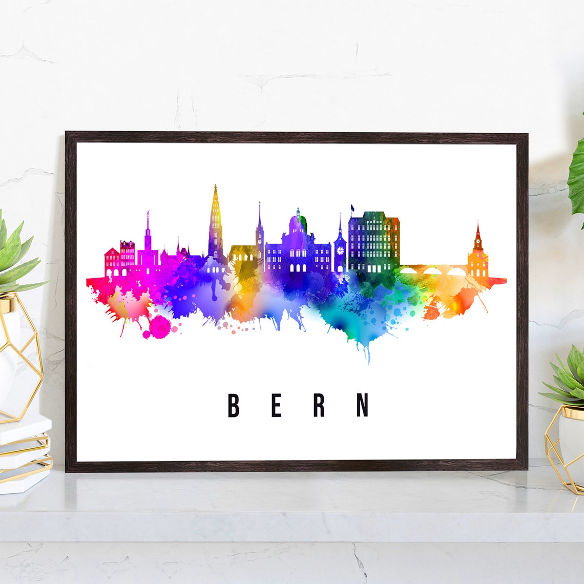 Bern Switzerland Rainbow Watercolor Old Town Skyline View Poster
