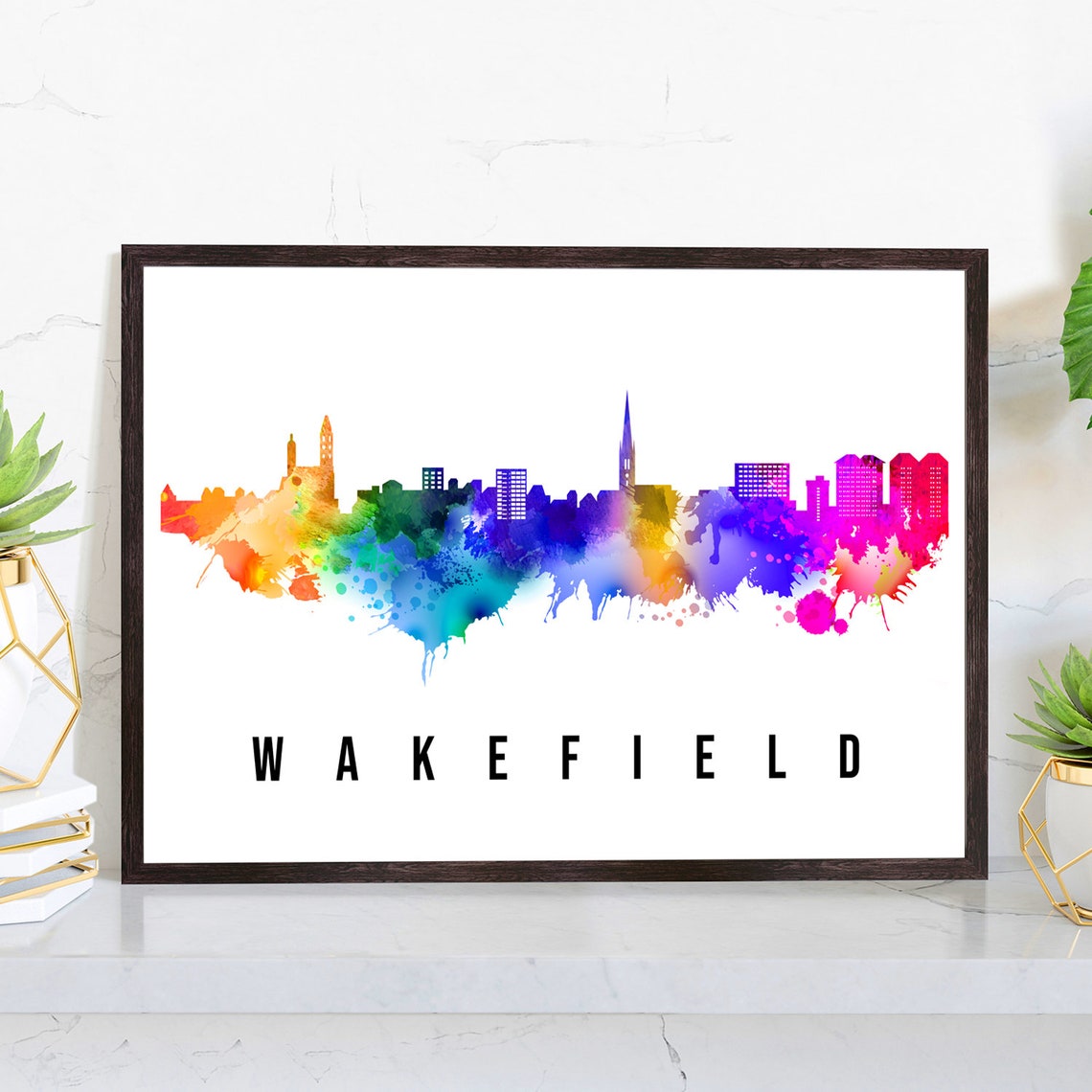 Wakefield England Rainbow Watercolor Skyline Cityscape Poster