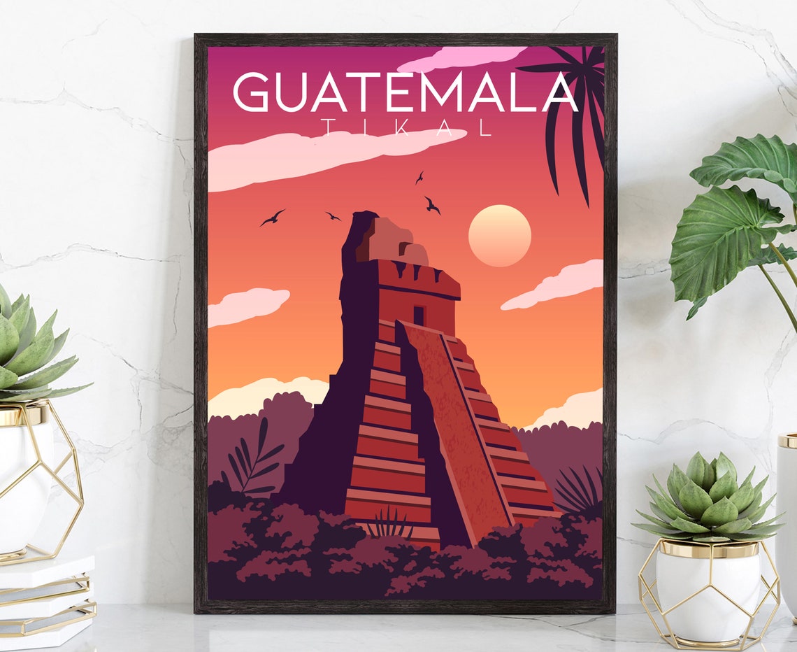 Tikal Guatemala Maya Pyramid Sunset Jungle Vintage Travel Poster