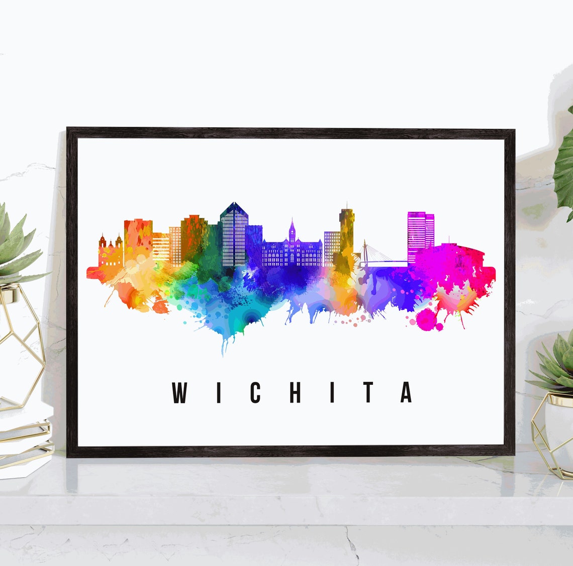Wichita Kansas Rainbow Watercolor Skyline Artwork Travel Poster