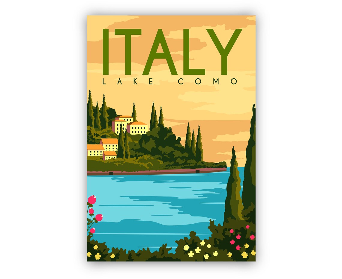 Italy Lake Como Villa Cypress Lake Sunset View Vintage Travel Poster - Image 2