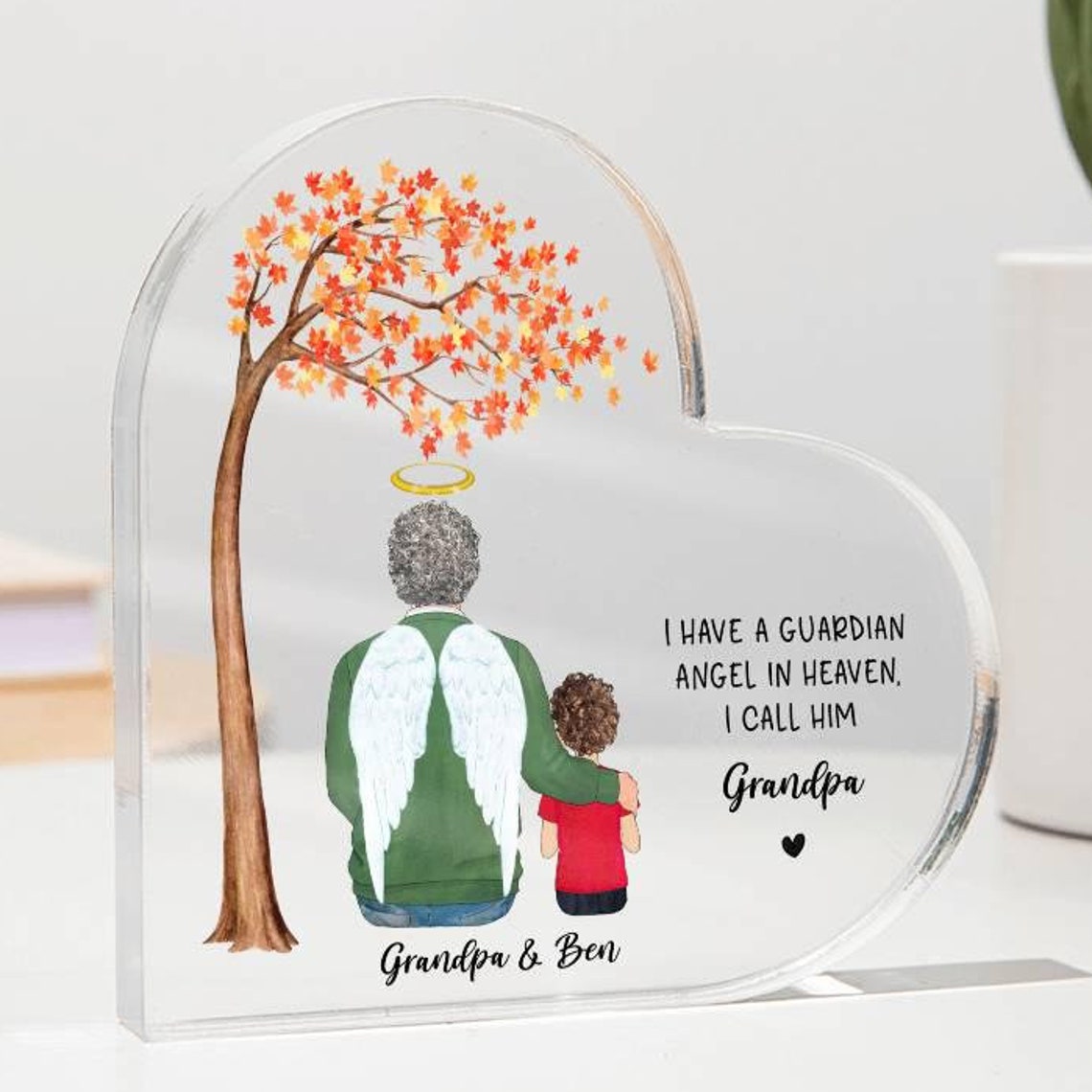 Personalized Guardian Angel Grandpa Memorial Heart Plaque Print