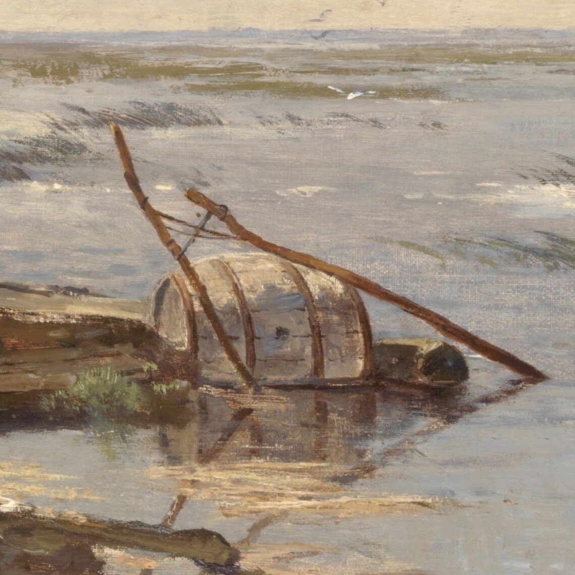 Fisherman Pushing Rowboat Calm Lake Vintage Seascape Art Print - Image 2