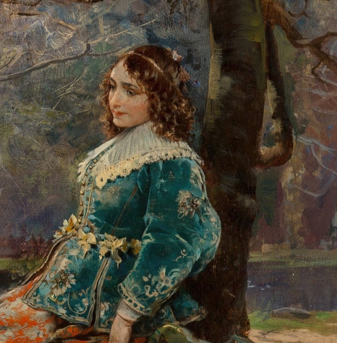 Costumed Lute Player Serenading Two Ladies in a Garden Art Poster - Image 3