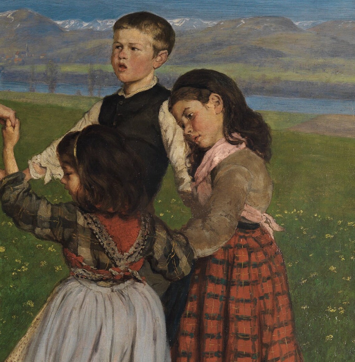 Children Dancing Circle Meadow Barefoot Vintage Genre Scene Art Print - Image 3