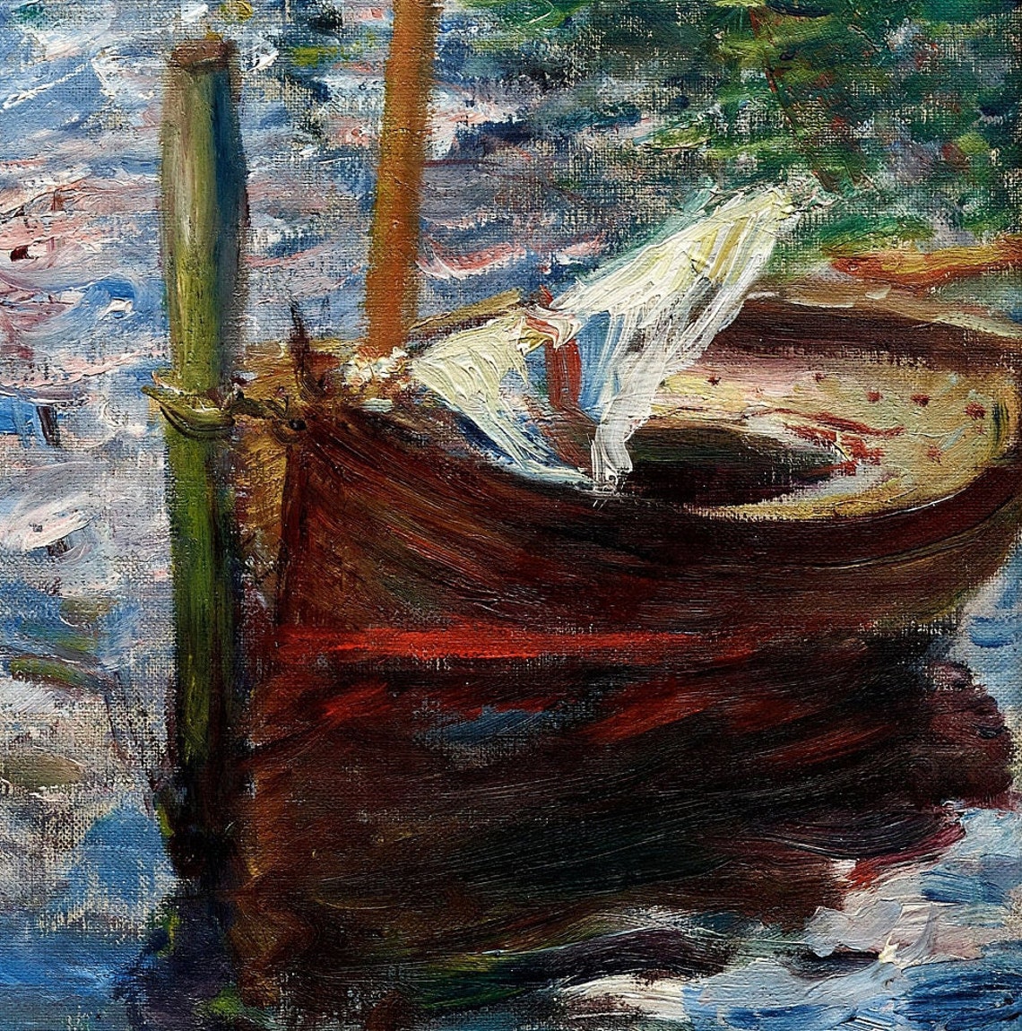 Impressionist River Scene with a Bridge and Moored Boats Poster - Image 2