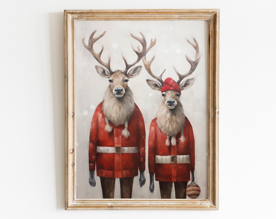 Dapper Stags in Red Coats Snowy Christmas Portrait Animal Poster