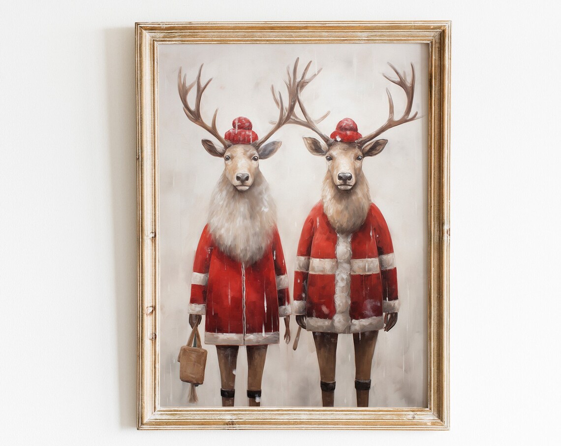 Two Stags in Red Fur Coats Festive Christmas Animal Portrait Poster