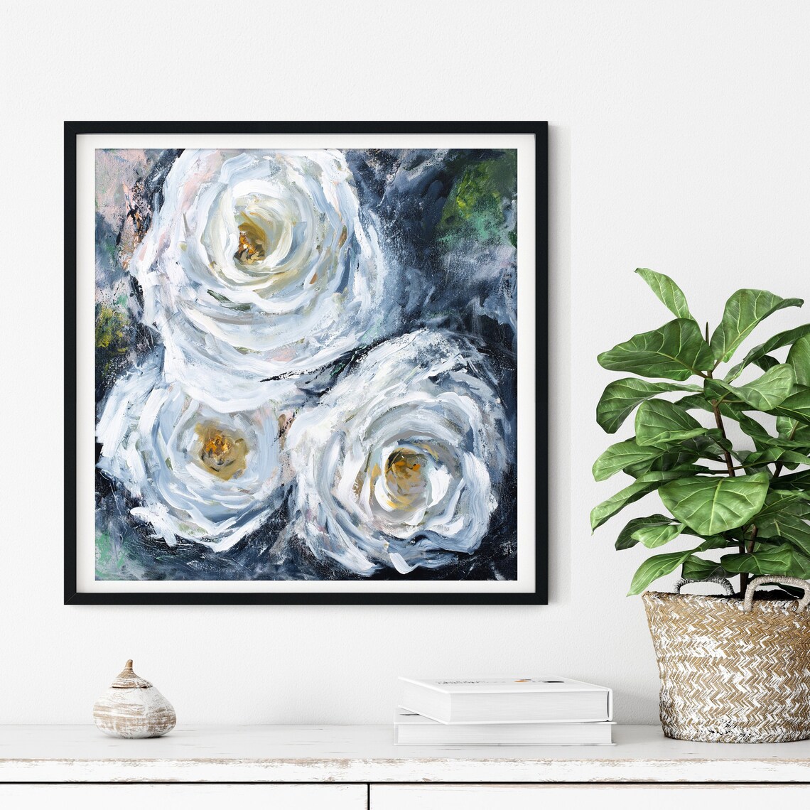 White Roses Navy Background Bold Oil Floral Painting Wall Art