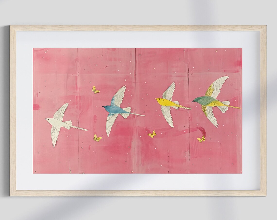 Pink Birds and Butterflies Abstract Art Print