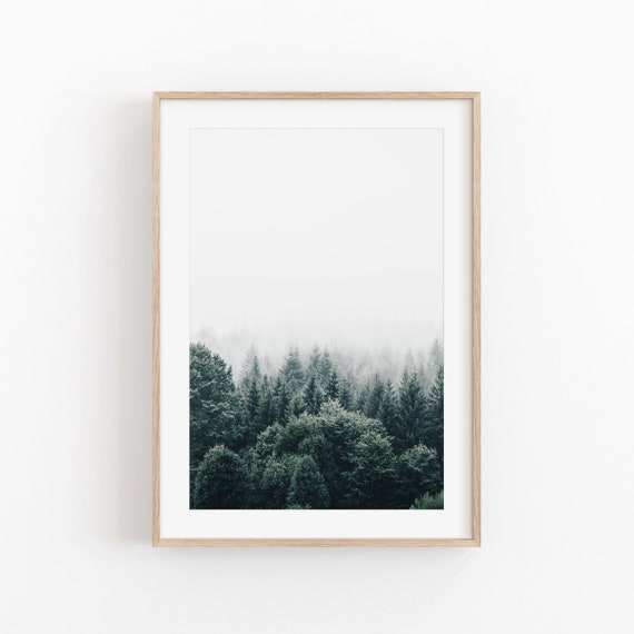 Forest Pine Trees in Fog, Minimalist Art Print