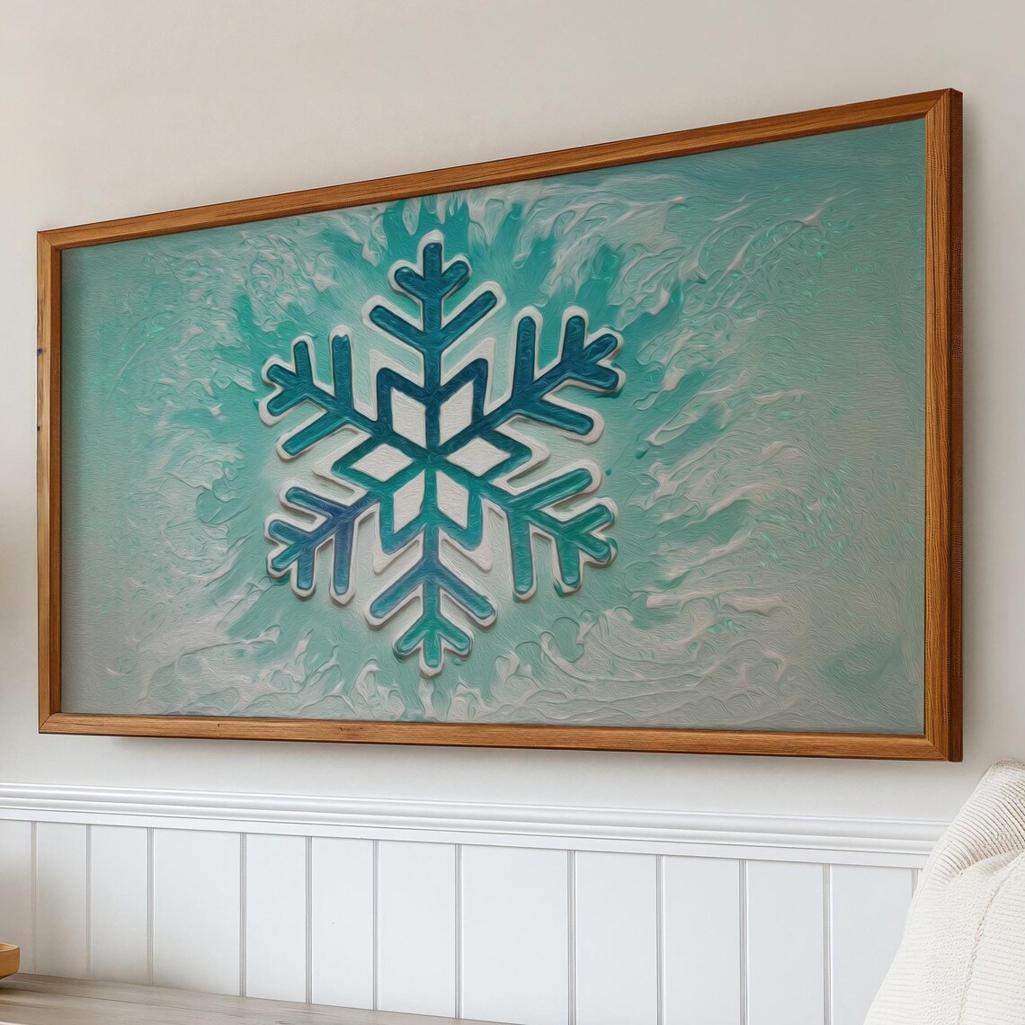 Teal Snowflake Textured Winter Christmas Abstract Painting Wall Art