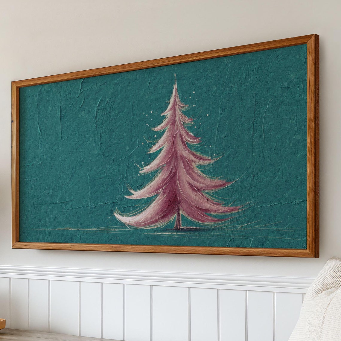 Pink Christmas Tree Teal Textured Background Modern Holiday Art Poster
