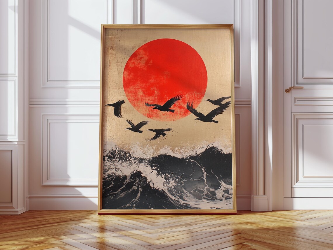 Birds Flying With Red Sun, Japanese Pop Art