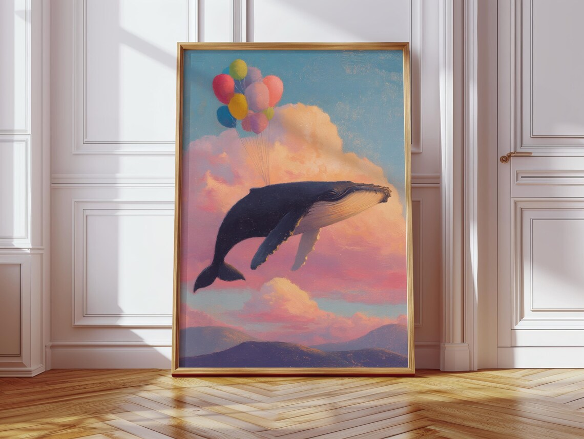 Whale Flying With Balloons, Funny Animal Poster