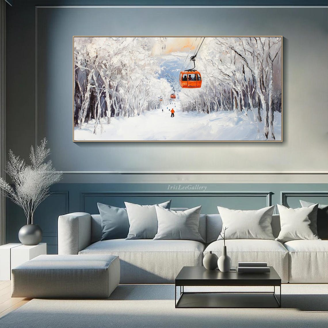 Orange Cable Car Over Snowy Forest Skier Winter Painting Wall Art - Image 2