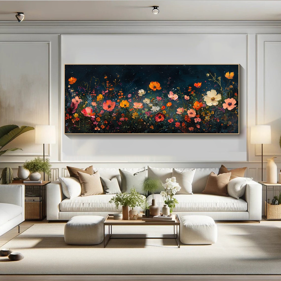 Dark Teal Night Wildflower Meadow Colorful Bloom Painting Wall Art - Image 2