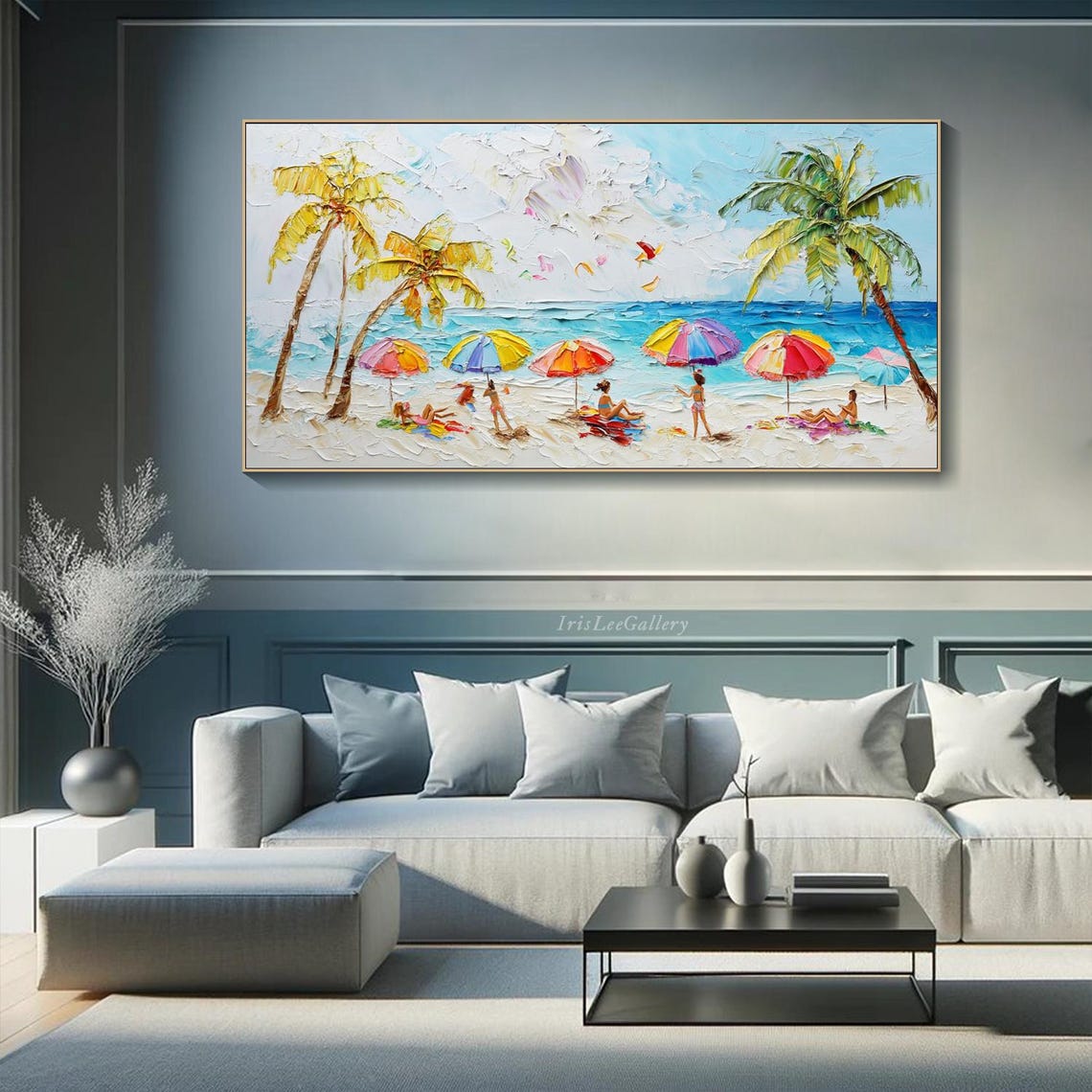 Happy Beach Crowd Palm Trees Colorful Umbrellas Summer Coast Wall Art - Image 3
