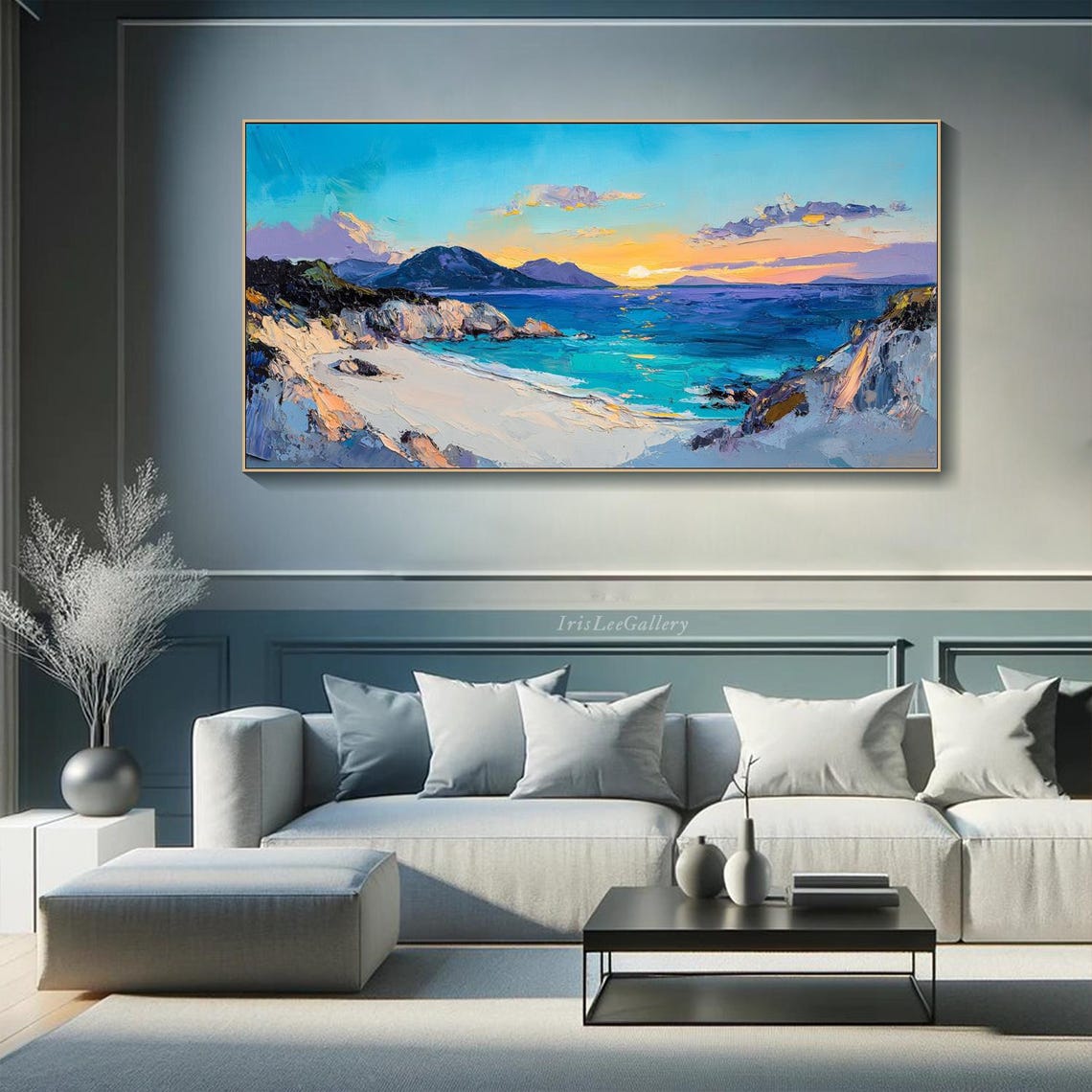 Sunset Seaside Cove Turquoise Ocean Beach Oil Painting Wall Art - Image 2