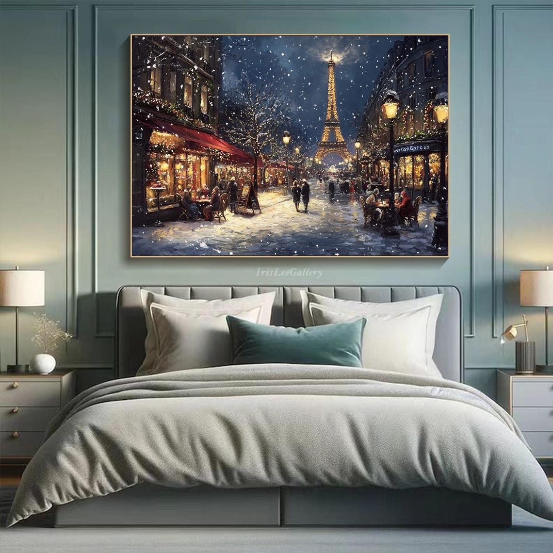 Paris Eiffel Tower Winter Night Snowy Street Cafe Scene Art Poster - Image 3