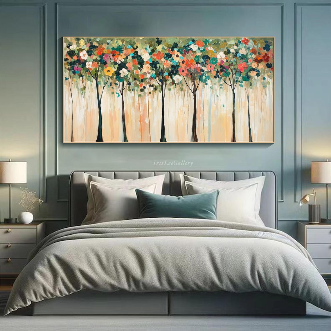 Colorful Blossom Tree Row Abstract Textured Nature Painting Wall Art - Image 3
