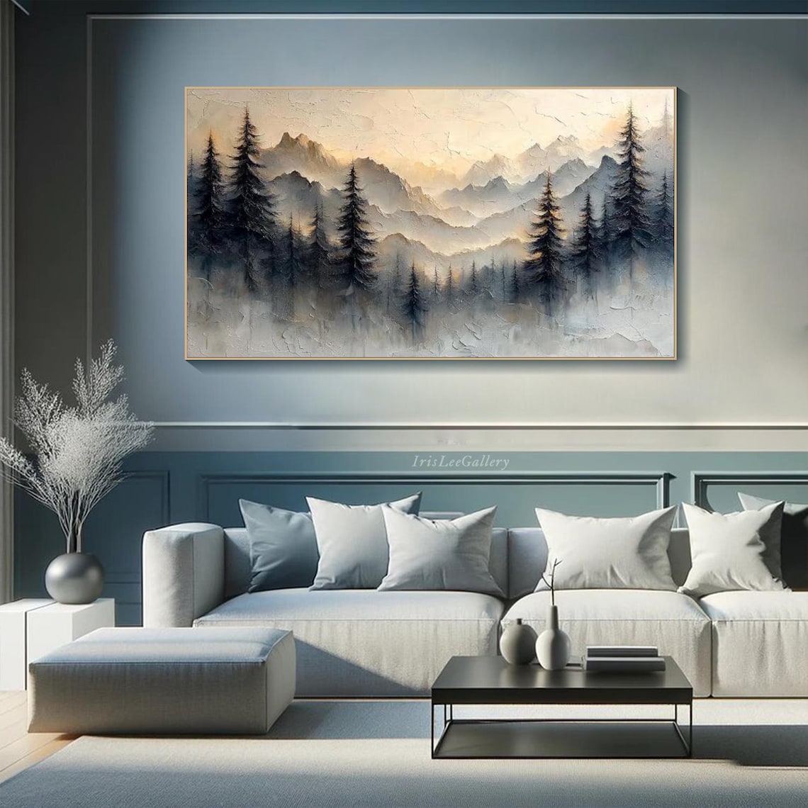 Large Forest And Misty Mountains Textured Landscape Painting Modern Nature Painting Minimalist Wall Art Wabi Sabi Wall Decor Livingroom Art - Image 2