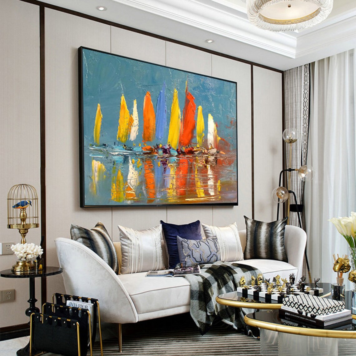 Sailboat Party Oil Painting, Nautical Harbor Art Print - Image 2