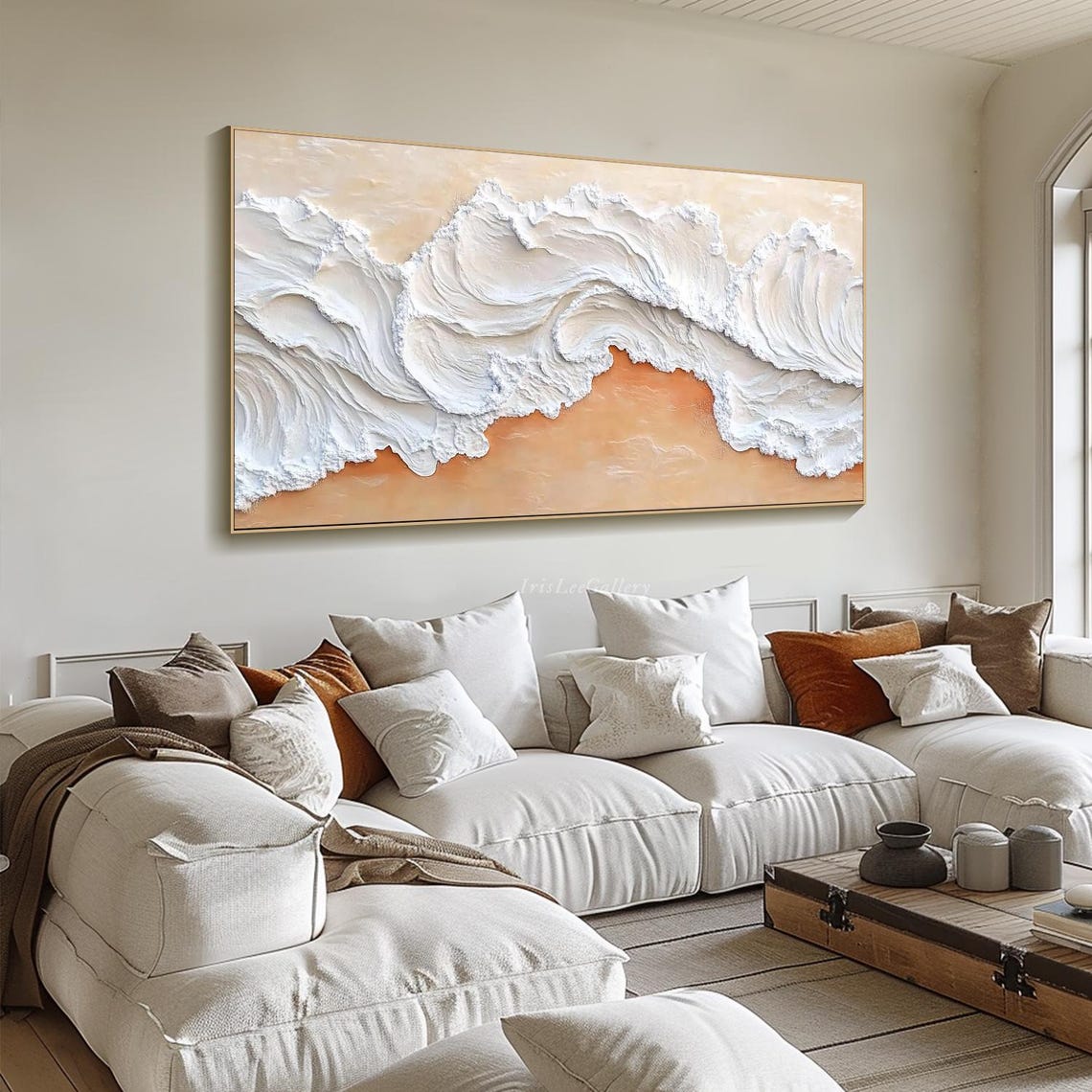 White Plaster Waves Over Peach Beach 3D Neutral Coastal Art Poster - Image 4