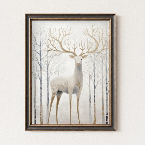White Deer Golden Antlers Winter Birch Forest Elegant Animal Wall Art