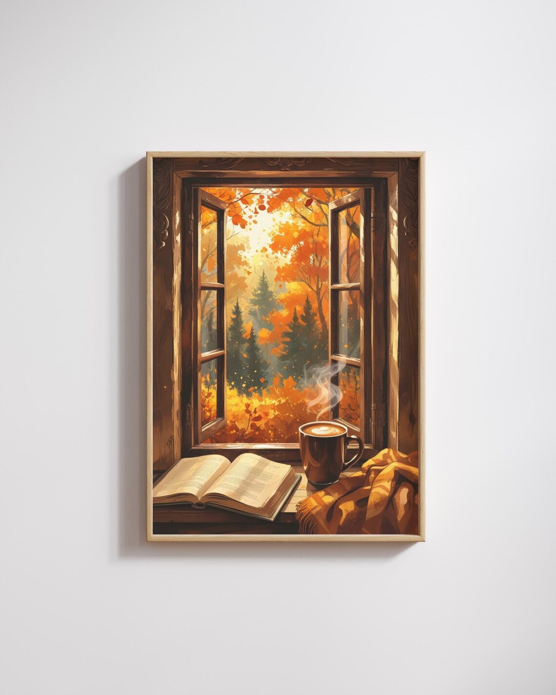 Cozy Autumn Window View Poster, Forest Illustration