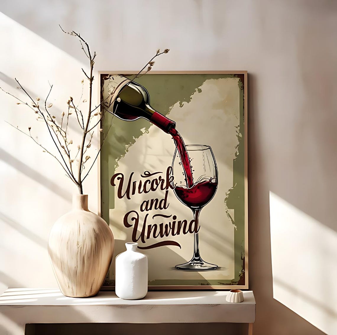 Uncork And Unwind Vintage Wine Pour Rustic Kitchen Quote Poster