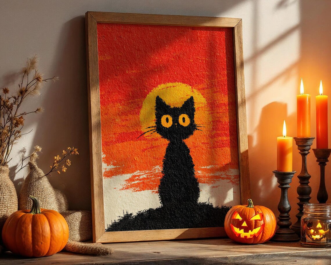 Black Cat Silhouette Orange Sunset Vintage Halloween Wall Art
