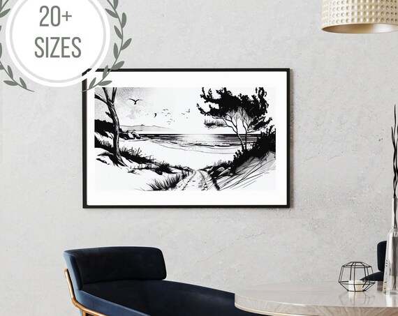 Black White Beach Path Ink Sketch Coastal Dunes Drawing Poster