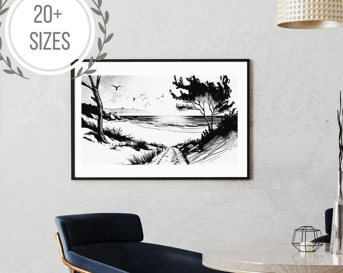 Black White Beach Path Ink Sketch Coastal Dunes Drawing Poster