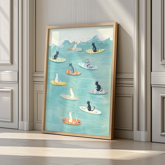 Cats Surfing Art Print, Funny Beach Poster
