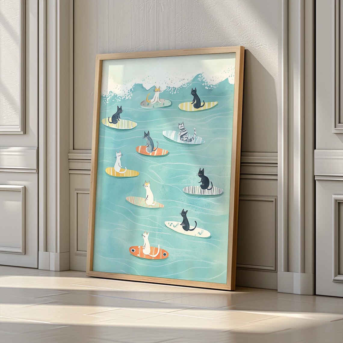 Cats Surfing Art Print, Funny Beach Poster