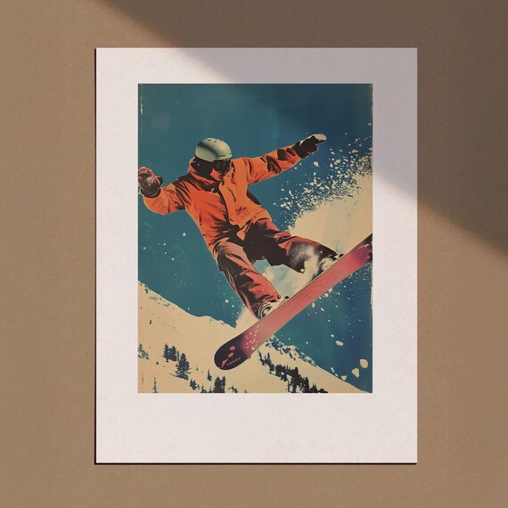 Retro Snowboarder Jumping Mid Air Orange Jacket Vintage Art Poster