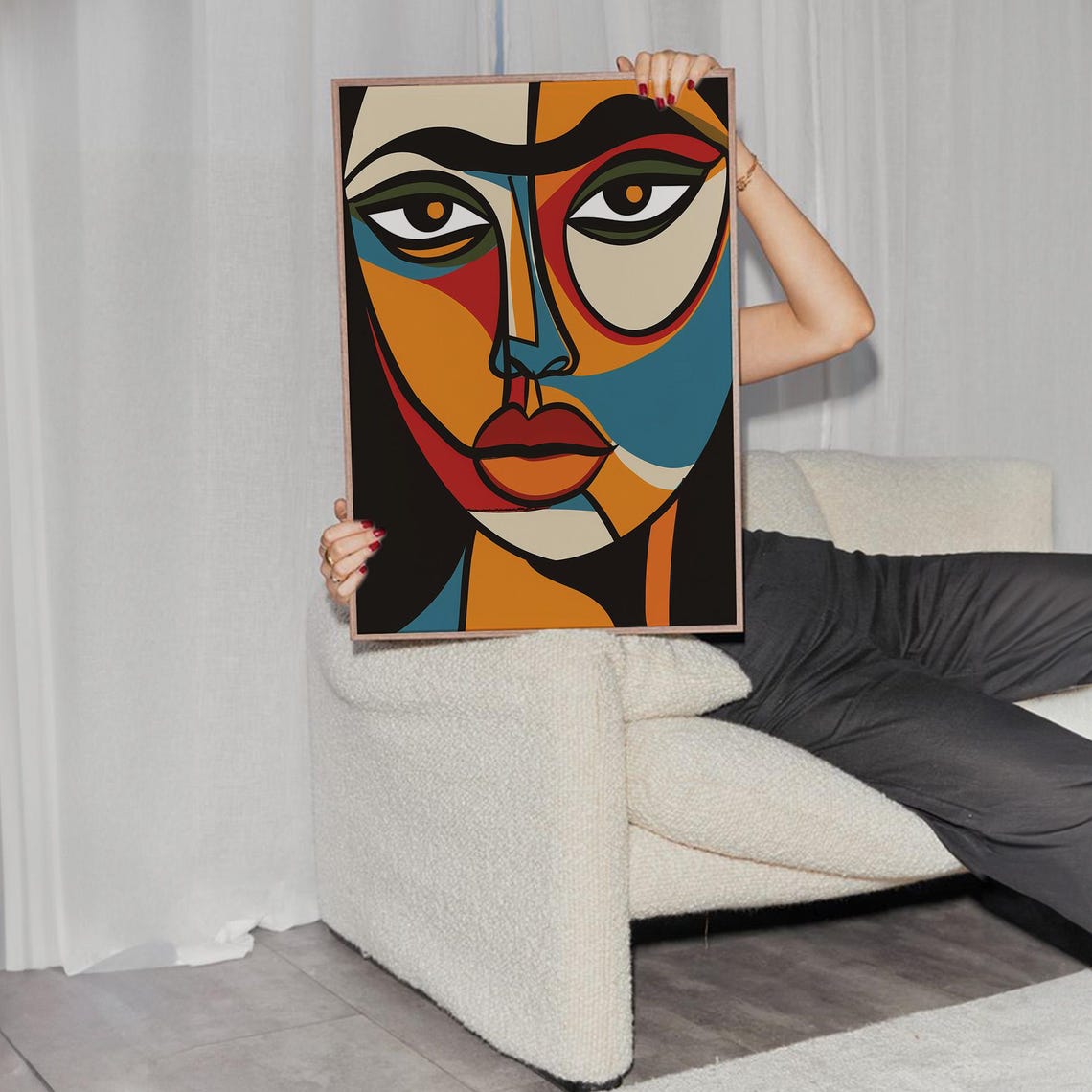Bold Abstract Woman Face Geometric Orange Teal Modern Art Poster