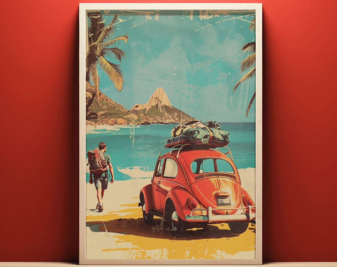 Retro Red VW Beetle Tropical Beach Road Trip Travel Vintage Poster
