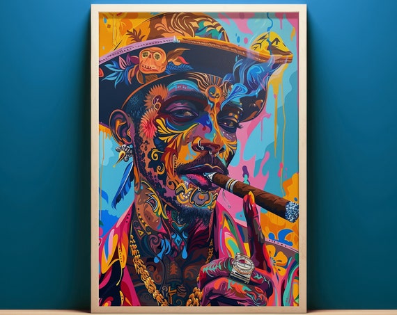 Surreal Smoking Pirate Pop Art Portrait Cigar Neon Color Poster