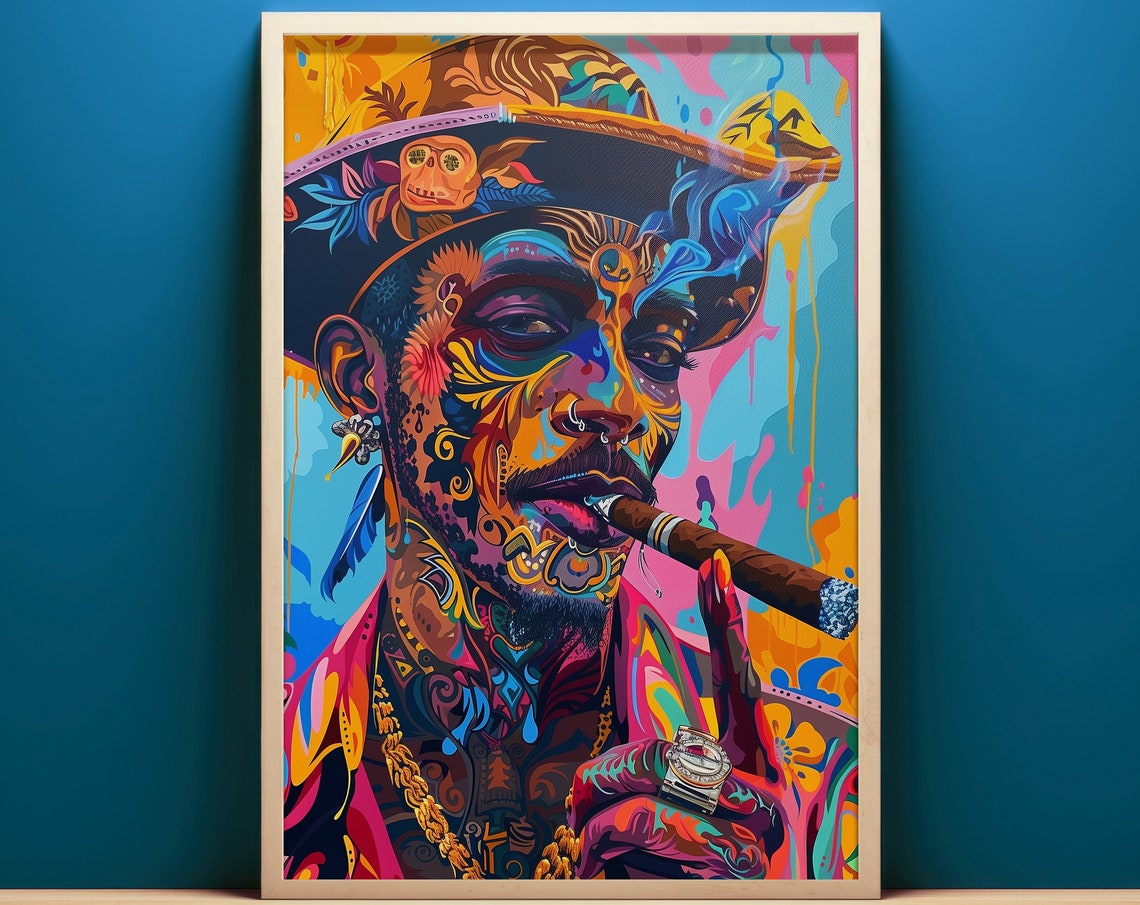 Surreal Smoking Pirate Pop Art Portrait Cigar Neon Color Poster