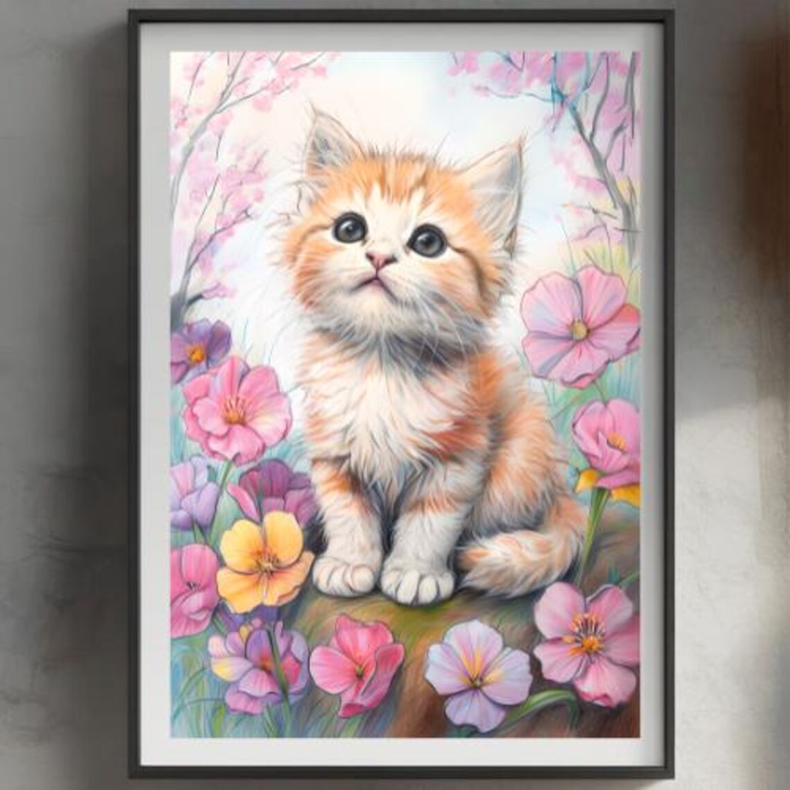 Cute Orange Kitten Surrounded by Pink Flowers Watercolor Art Poster - Image 2