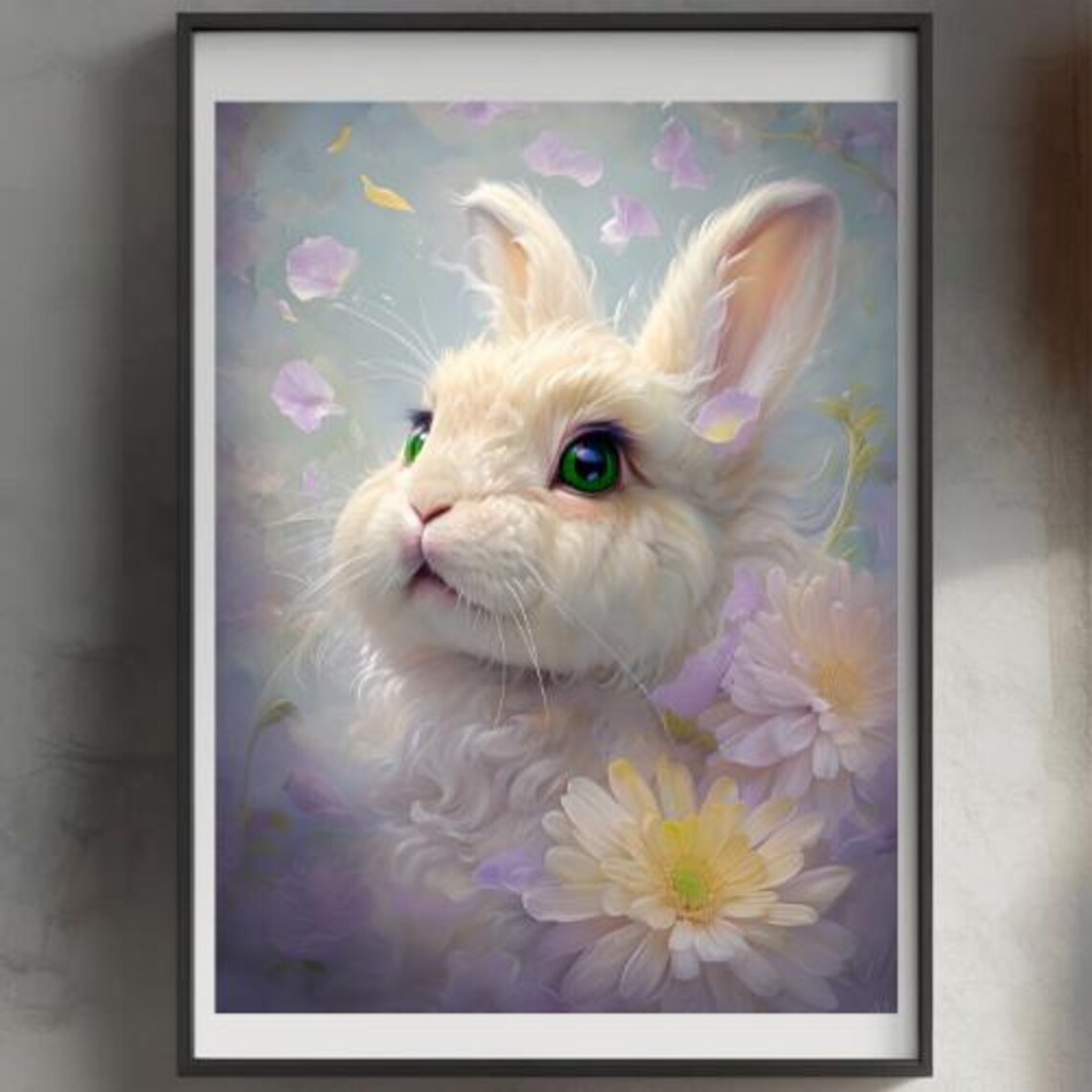 Fluffy White Rabbit Green Eyes Pastel Flower Nursery Art Poster - Image 2
