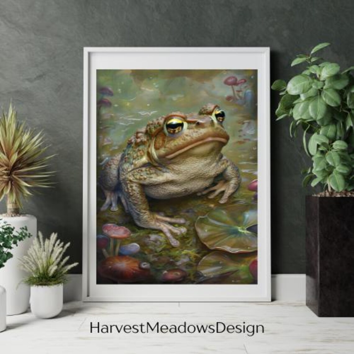 Realistic Frog Among Mushrooms Lily Pads Nature Art Wall Poster