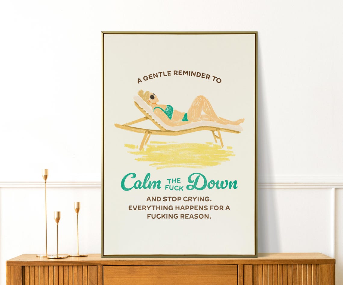 Calm The Fuck Down Funny Sunbathing Quote Teal Retro Beach Poster